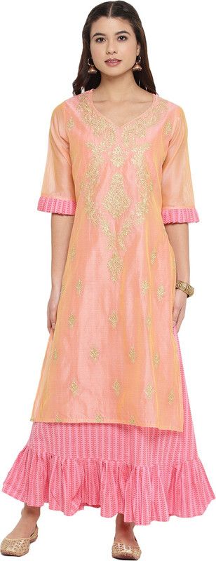 Women Embroidered Pure Cotton, Chanderi Straight Kurta  (Pink)