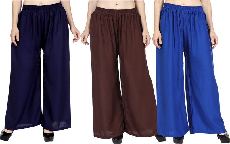 Pack of 3 Women Regular Fit Black, Brown, Blue Viscose Rayon Trousers