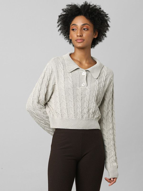 Women Woven Collared Neck Beige Sweater