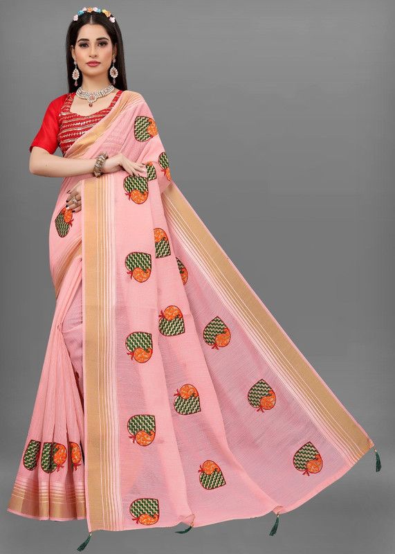 Embroidered Bollywood Cotton Jute Saree  (Pink)