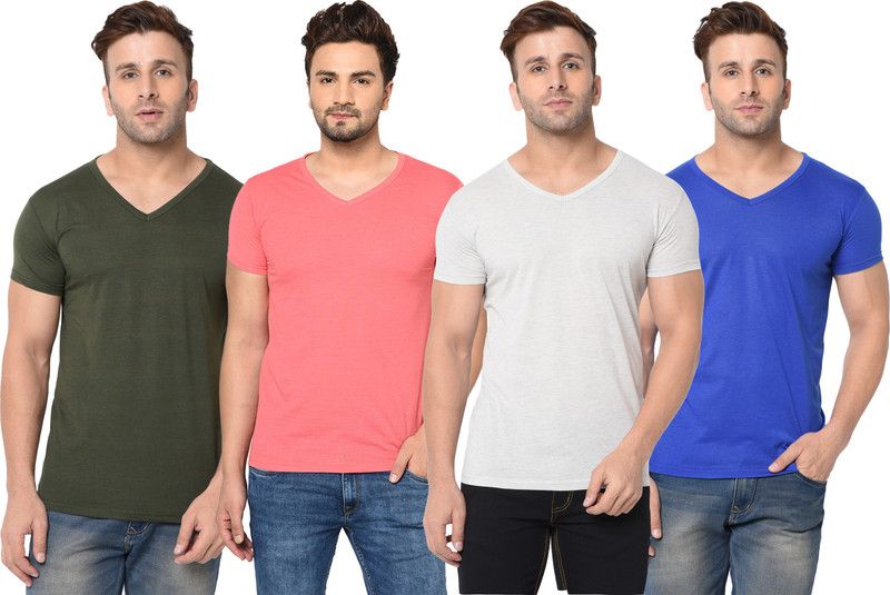 Pack of 4 V neck Combo T-shirts Men Solid V Neck Cotton Blend Green, Blue, Pink, Grey T-Shirt