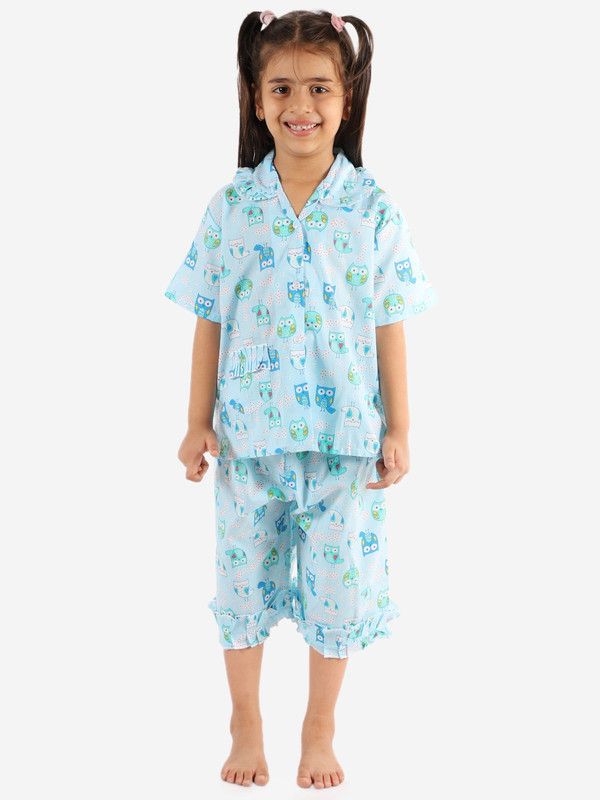 Baby Boys & Baby Girls Printed Cotton Linen Blend Kids Nightwear  (Blue Pack of 1)