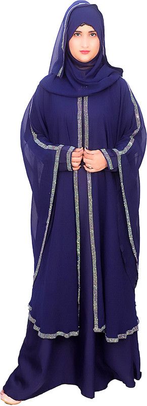 DUA ABAYA Women's Double Layer Butterfly Style Diamond Work Farasha DA298 Nida Matte Solid Abaya With Hijab  (Blue)