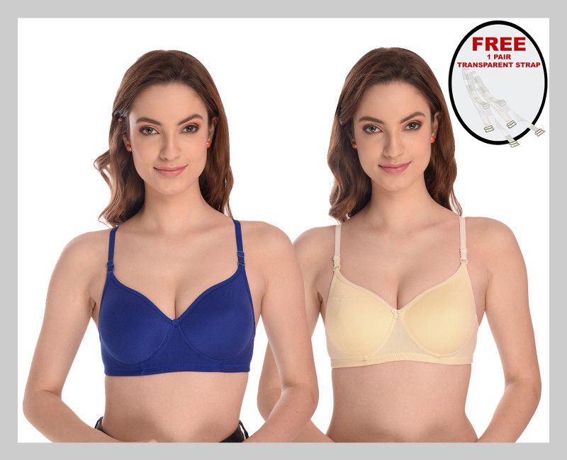 Women Full Coverage Lightly Padded Bra  (Blue, Beige)