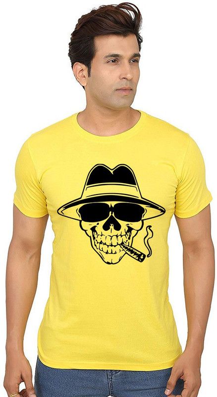 Thug Skeleton Men Printed Round Neck Pure Cotton Yellow T-Shirt