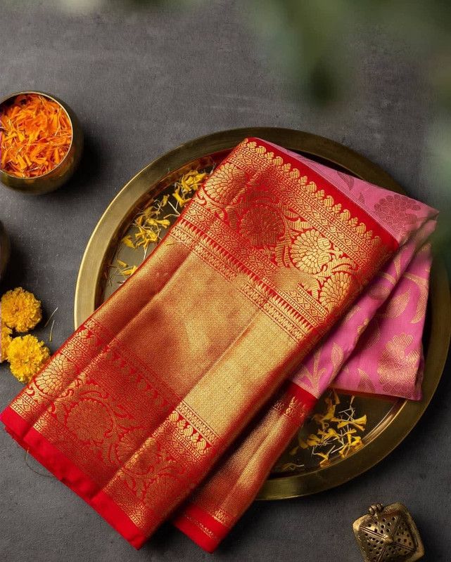 Printed, Dyed, Woven, Solid/Plain Banarasi Jacquard, Cotton Blend Saree  (Pink, Red, Gold)