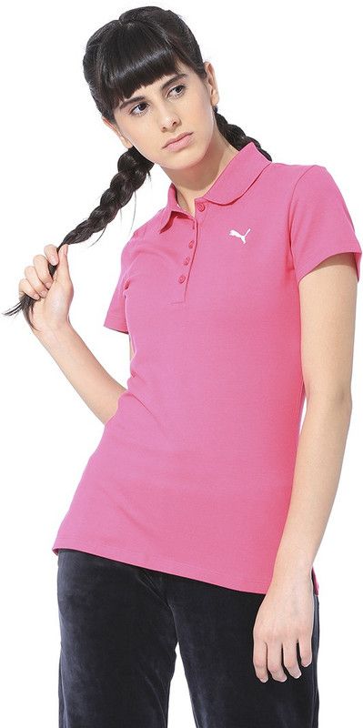ESS Polo Women Self Design Polo Neck Cotton Blend Pink T-Shirt