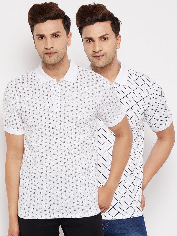 Pack of 2 Men Printed Polo Neck Cotton Blend White T-Shirt