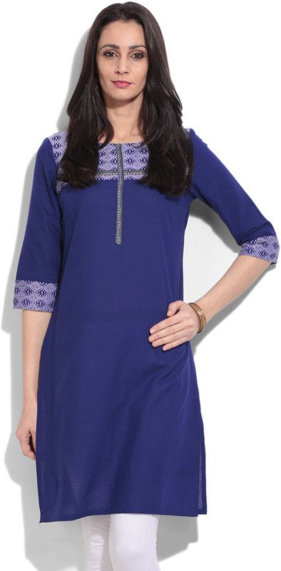 Women Self Design Cotton Blend Straight Kurta  (White, Blue)