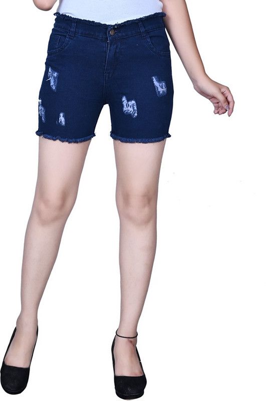 Self Design Women Denim Dark Blue Denim Shorts