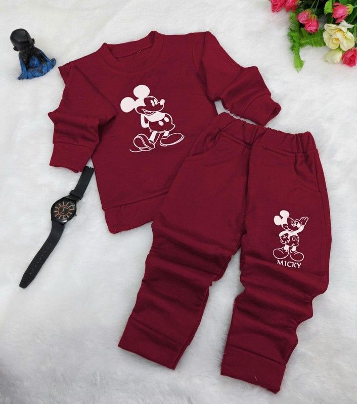Baby Boys & Baby Girls Mickey Casual Sweatshirt Sweatpant  (Maroon)