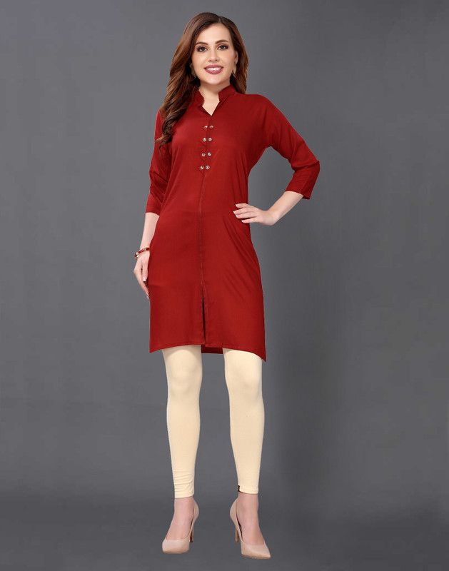 Women Dyed/Ombre, Embellished, Solid Viscose Rayon Straight Kurta  (Maroon)