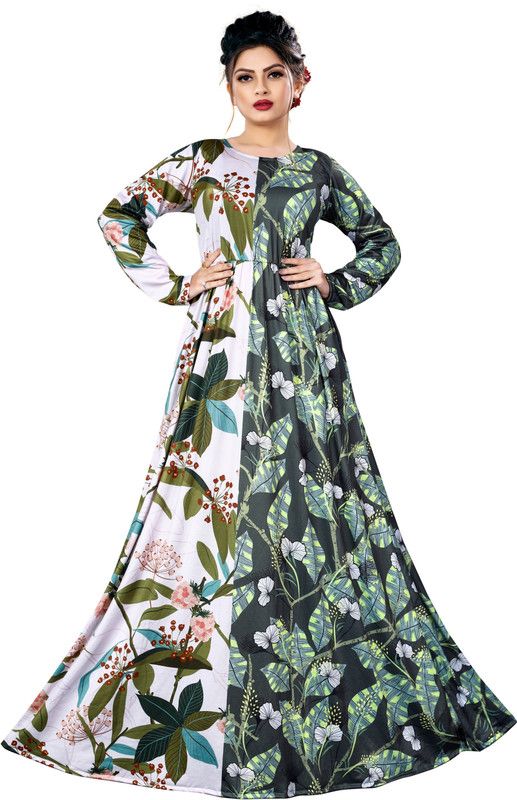 Women Printed Cotton Blend Flared Kurta  (White, Green)