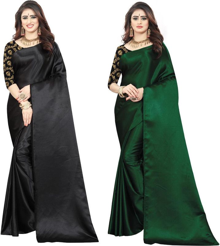Solid/Plain Bollywood Satin Saree  (Pack of 2, Green, Black)