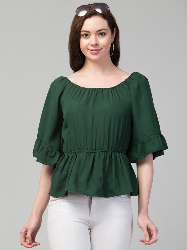 Casual Flutter Sleeves Solid Women Dark Green Top