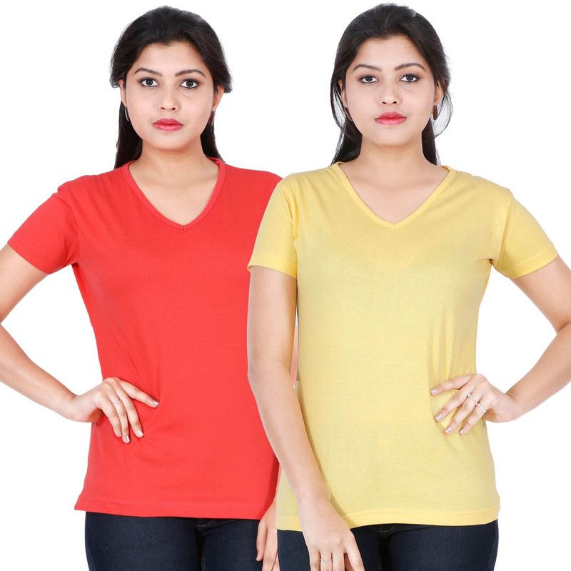 Pack of 2 Women Solid V Neck Cotton Blend Red, Yellow T-Shirt