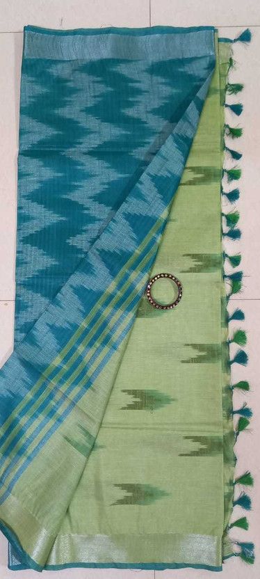 Self Design Bhagalpuri Cotton Blend Saree  (Green, Blue)
