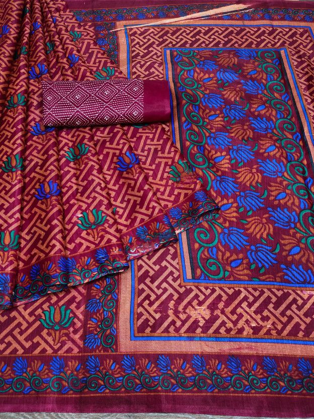 Printed Chanderi Jacquard Saree  (Maroon)
