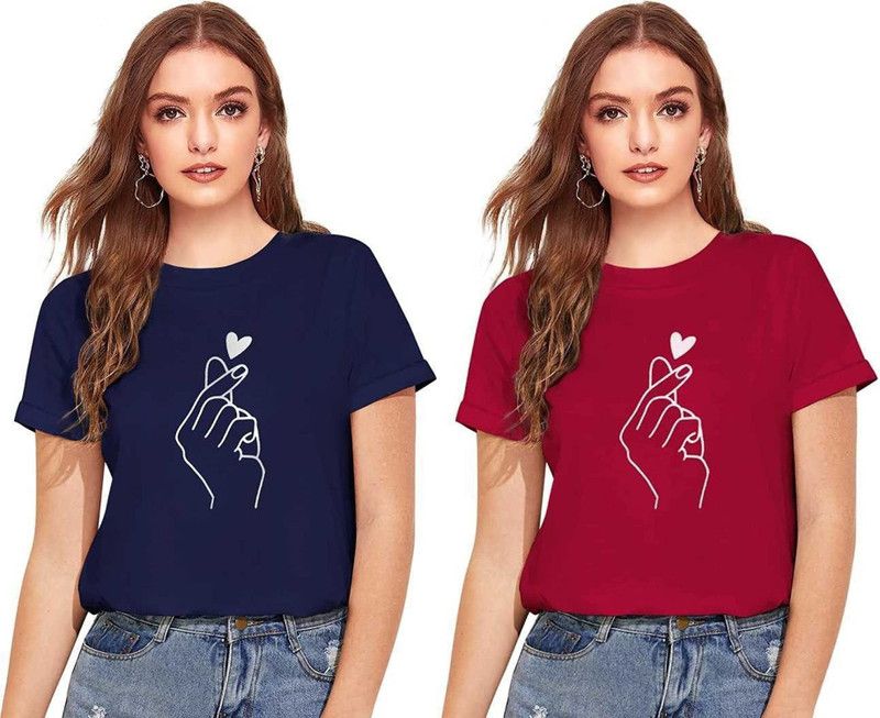 Graphic Print Women Maroon, Blue T-Shirt  (Pack of 2)