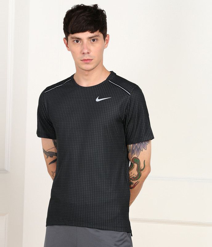 Men Checkered Round Neck Polyester Grey T-Shirt