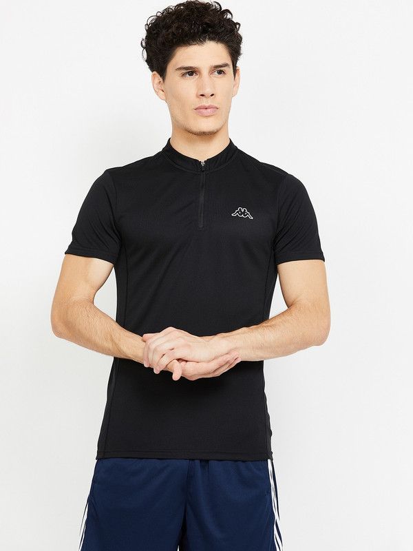 Men Solid Mandarin Collar Polyester Black T-Shirt