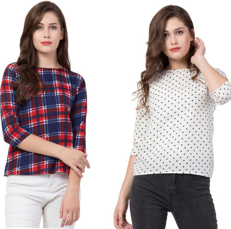 Pack of 2 Casual Regular Sleeves Polka Print, Checkered Women Multicolor Top