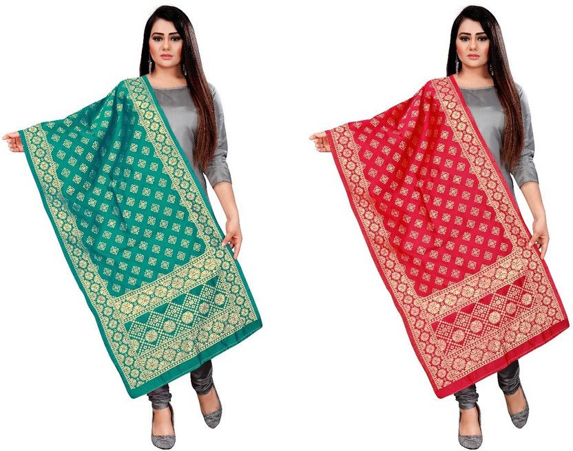 Jacquard Woven Light Green, Red Women Dupatta