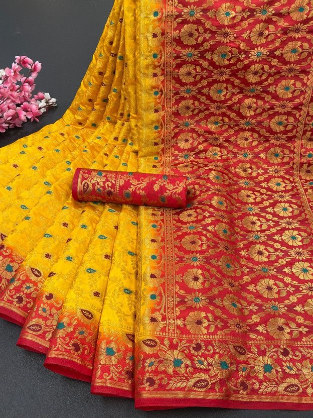 Woven, Self Design Banarasi Nylon Saree  (Mustard)