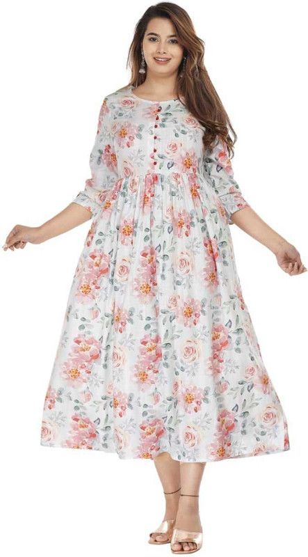 Printed Rayon Blend Stitched Flared/A-line Gown  (White, Pink, Green)