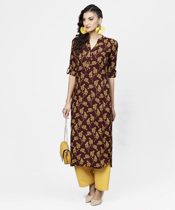 Women Floral Print Cotton Rayon Straight Kurta  (Maroon)