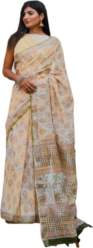 Printed Hand Batik Linen Saree  (Multicolor)