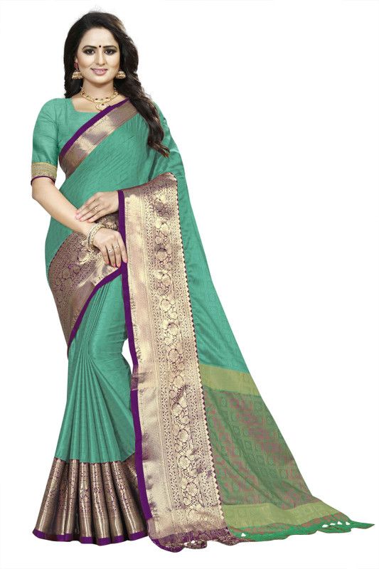 Striped, Embellished, Woven, Solid/Plain Paithani Cotton Silk Saree  (Light Green)