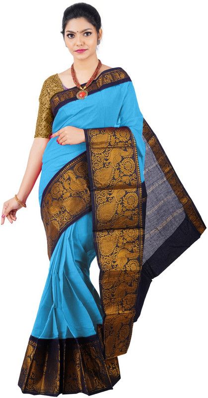 Woven Madurai Pure Cotton Saree  (Dark Blue, Blue)