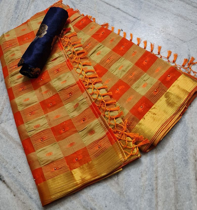 Self Design, Woven, Checkered Bollywood Organza, Chiffon Saree  (Orange, Cream)