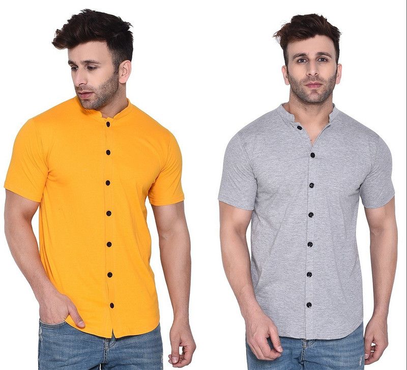 Men Solid Casual Grey, Yellow Shirt  (Pack of 2)