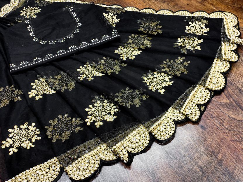 Embroidered, Printed Bollywood Net Saree  (Black)