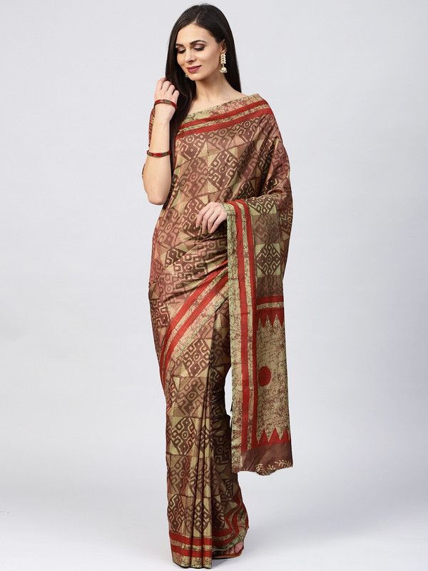 Printed, Geometric Print, Checkered Bollywood Silk Blend, Art Silk Saree  (Brown, Beige)