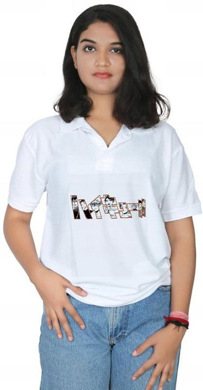 Women Printed Polo Neck Polyester White T-Shirt