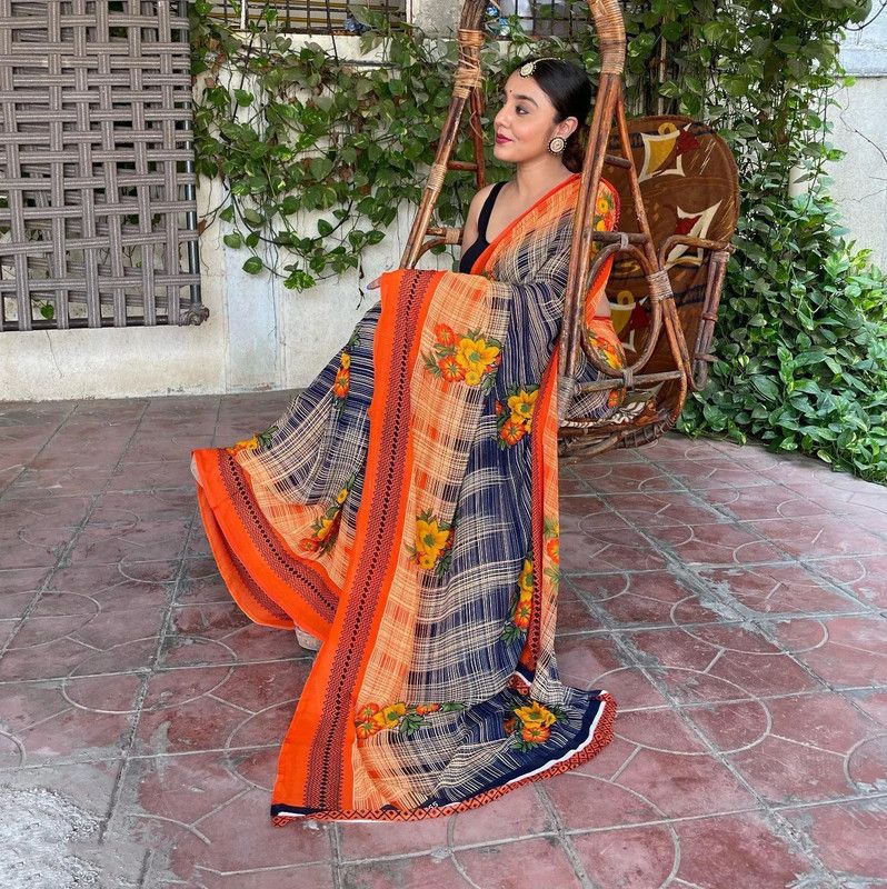 Printed Daily Wear Georgette Saree  (Orange, Blue)