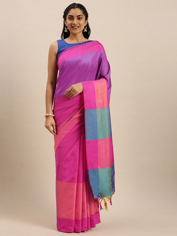 Color Block Bollywood Cotton Silk Saree  (Pink)