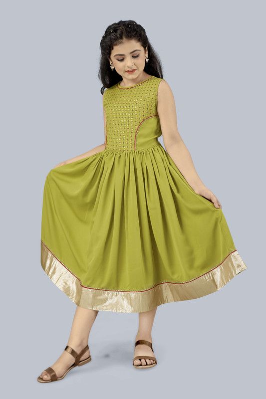 Girls Calf Length Party Dress  (Green, Sleeveless)