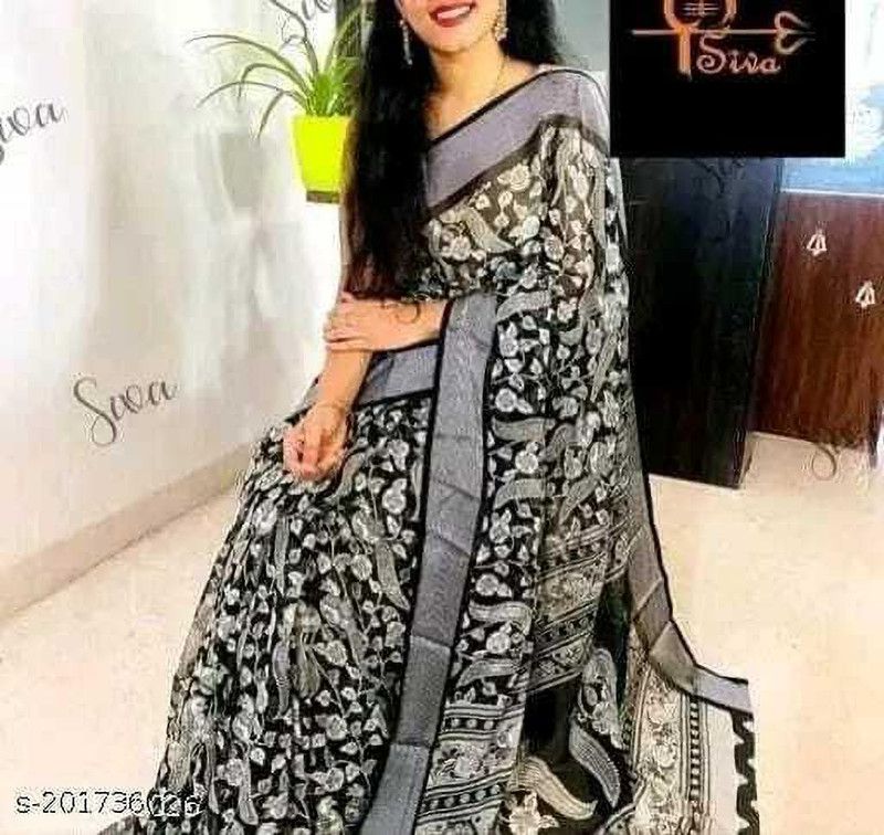 Printed, Floral Print Kalamkari Chiffon Saree  (Black)