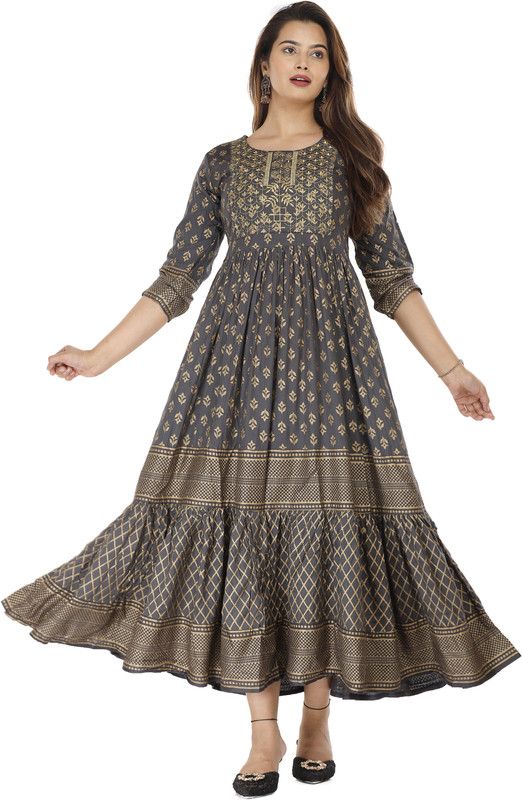 Women Printed Viscose Rayon Gown Kurta  (Grey)