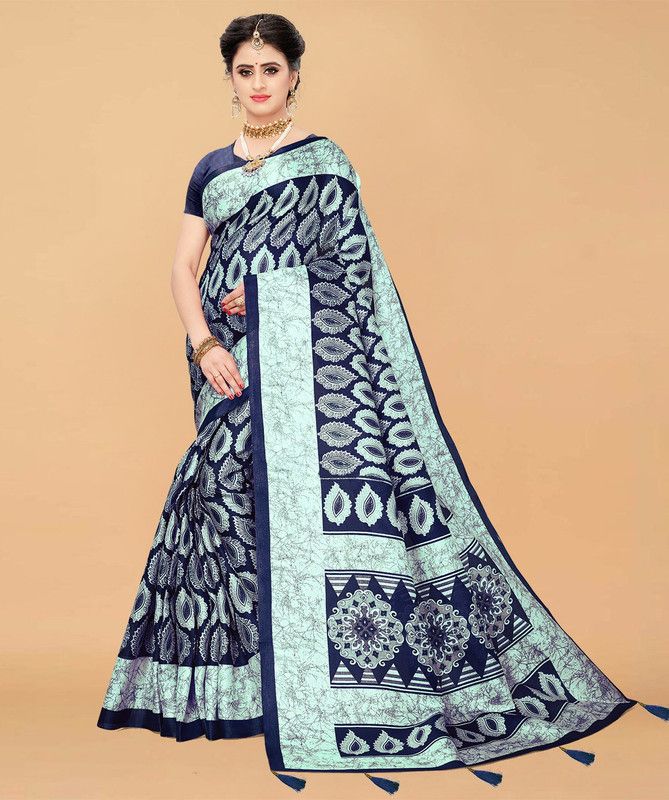 Floral Print Kalamkari Pure Silk Saree  (Blue)