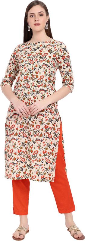 Women Floral Print Cotton Blend Straight Kurta  (Orange)