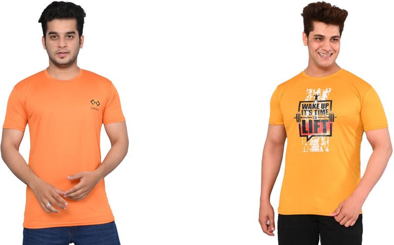 Pack of 2 Men Printed Round Neck Elastane Orange, Yellow T-Shirt