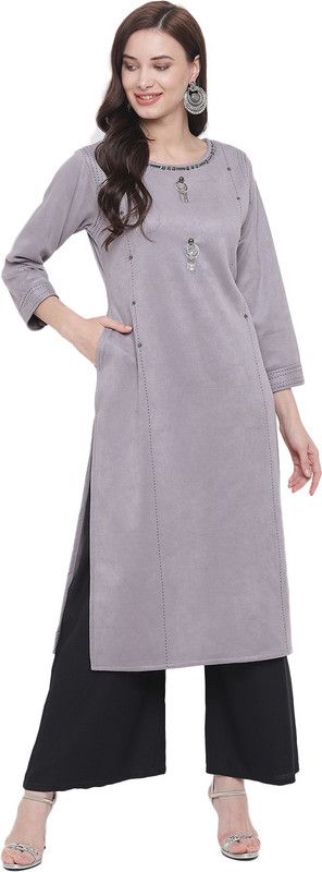 Women Solid Velvet Straight Kurta  (Grey)