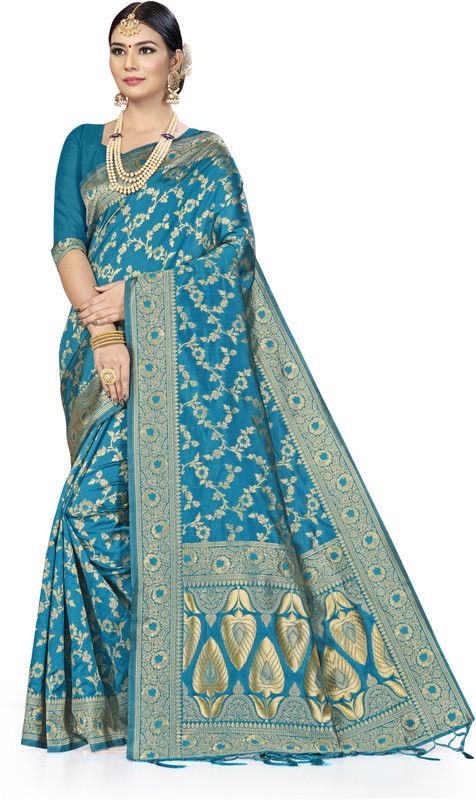 Woven Kanjivaram Silk Blend Saree  (Light Blue)