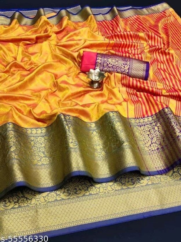Striped Kanjivaram Art Silk Saree  (Yellow)