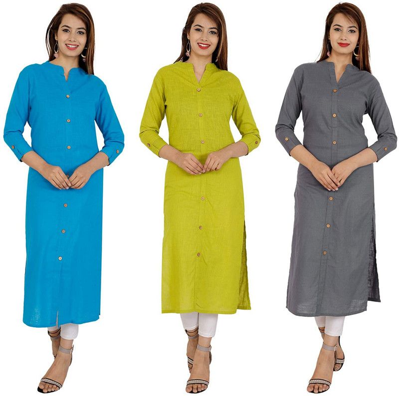 Pack of 3 Women Solid Cotton Blend Straight Kurta  (Light Blue, Green, Grey)